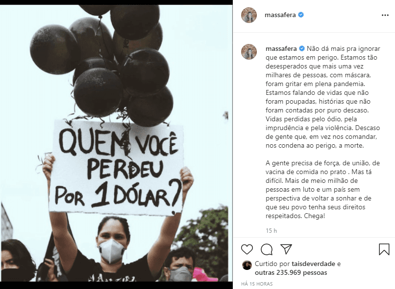 Grazi Massafera fez desabafo sobre o atual governo de Jair Bolsonaro (Foto: Reprodução) Grazi Massafera fez desabafo sobre o atual governo de Jair Bolsonaro (Foto: Reprodução)