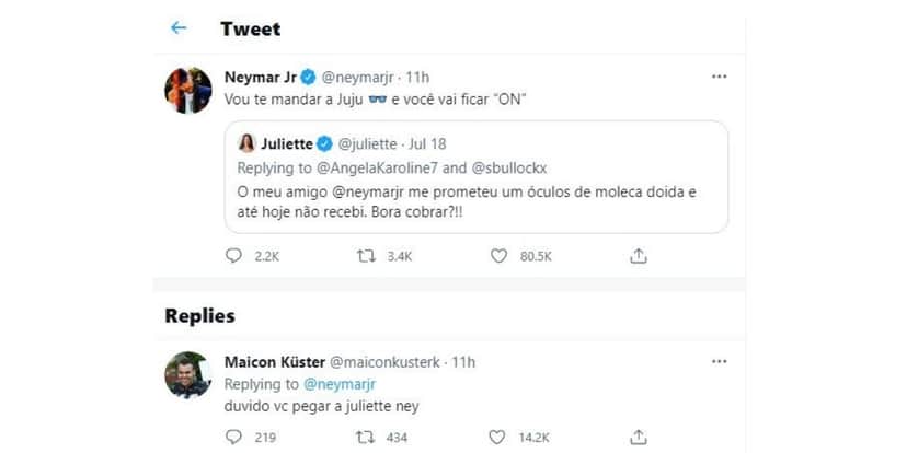 Juliette e Neymar Jr. tem conversa exposta nas redes sociais (Reprodução) Juliette e Neymar Jr. tem conversa exposta nas redes sociais (Reprodução)