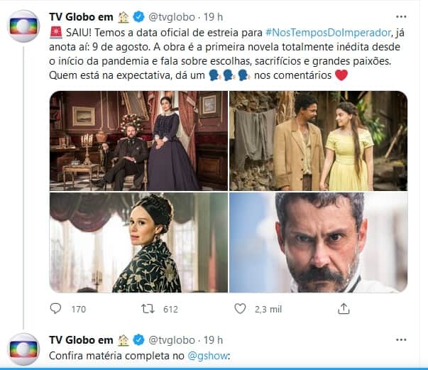 Publicação da Globo sobre estreia de Nos Tempos do Imperador (Imagem: Reprodução) Publicação da Globo sobre estreia de Nos Tempos do Imperador (Imagem: Reprodução)