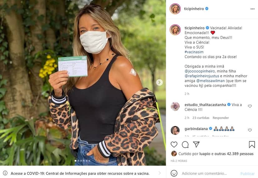 Ticiane Pinheiro toma a primeira dose da vacina contra a Covid-19 (Reprodução) Ticiane Pinheiro toma a primeira dose da vacina contra a Covid-19 (Reprodução)