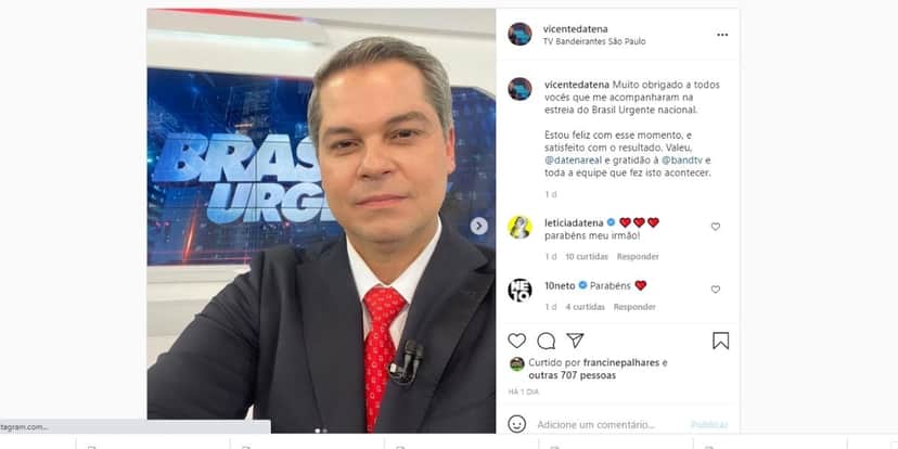 Vicente Datena estreia em Brasil Urgente na Band e agradece carinho dos telespectadores (Reprodução) Vicente Datena estreia em Brasil Urgente na Band e agradece carinho dos telespectadores (Reprodução)