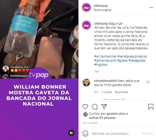 Renata Vasconcellos mostrou álcool gel para William Bonner (Foto: Reprodução/Instagram/TV Pop) Renata Vasconcellos mostrou álcool gel para William Bonner (Foto: Reprodução/Instagram/TV Pop)