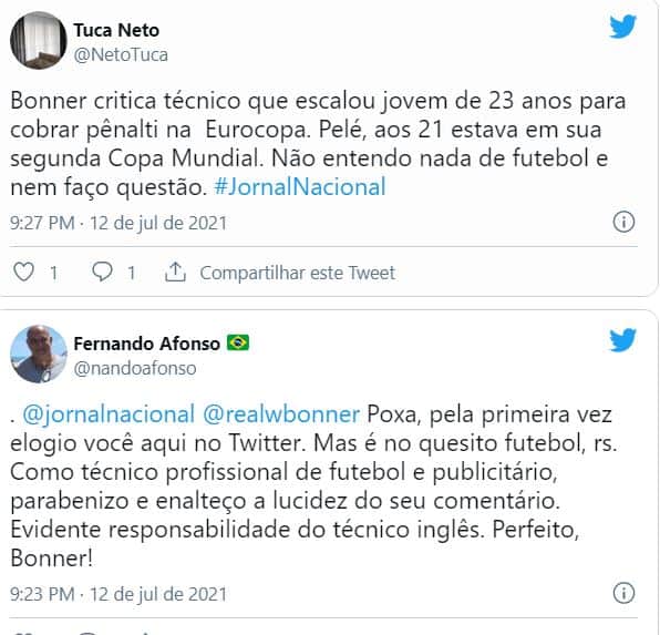 Reações de internautas ao verem posicionamento de William Bonner (Reprodução) Reações de internautas ao verem posicionamento de William Bonner (Reprodução)