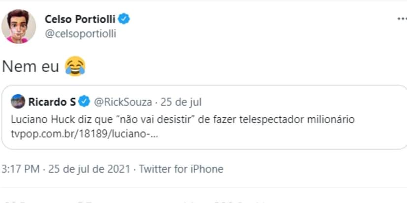 Após ser anunciado como substituto de Huck, Celso Portiolli manda recado ao apresentador: "Não vou desistir" Após ser anunciado como substituto de Huck, Celso Portiolli manda recado ao apresentador: "Não vou desistir"