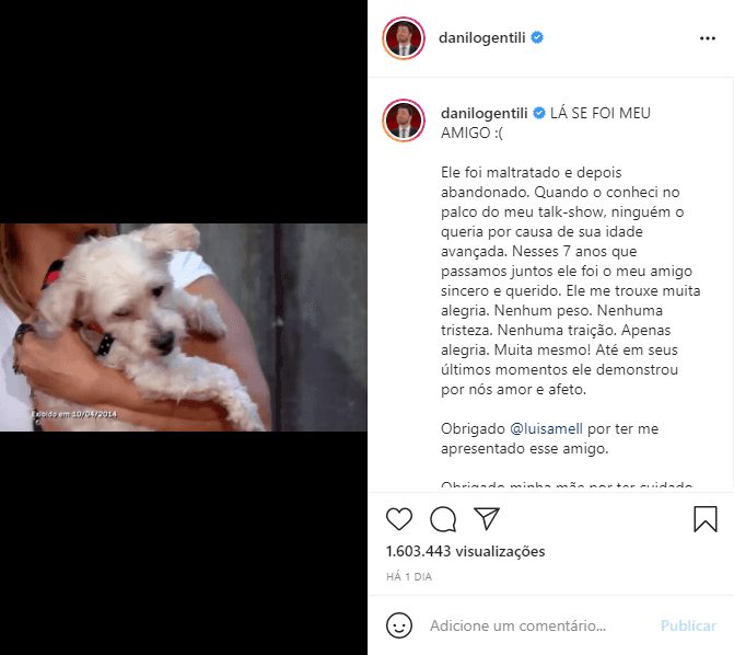 Danilo Gentili lamentou a morte de seu cachorrinho de estimação (Foto: Reprodução) Danilo Gentili lamentou a morte de seu cachorrinho de estimação (Foto: Reprodução)
