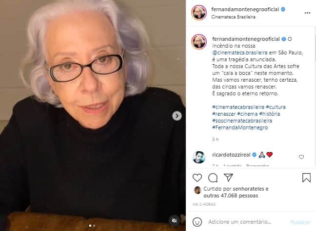 Fernanda Montenegro, da Globo, criticou o governo (Foto: Reprodução/Instagram) Fernanda Montenegro, da Globo, criticou o governo (Foto: Reprodução/Instagram)