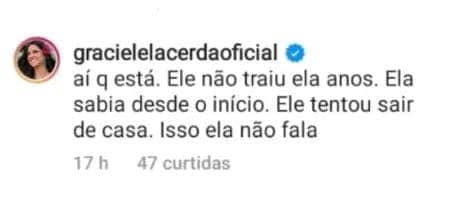 Graciele Lacerda disse que Zilu sempre soube e aceitou traição no passado (Foto: Reprodução) Graciele Lacerda disse que Zilu sempre soube e aceitou traição no passado (Foto: Reprodução)