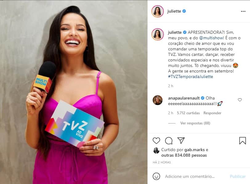 Juliette será apresentadora do TVZ, no Multishow (Foto: Reprodução) Juliette será apresentadora do TVZ, no Multishow (Foto: Reprodução)