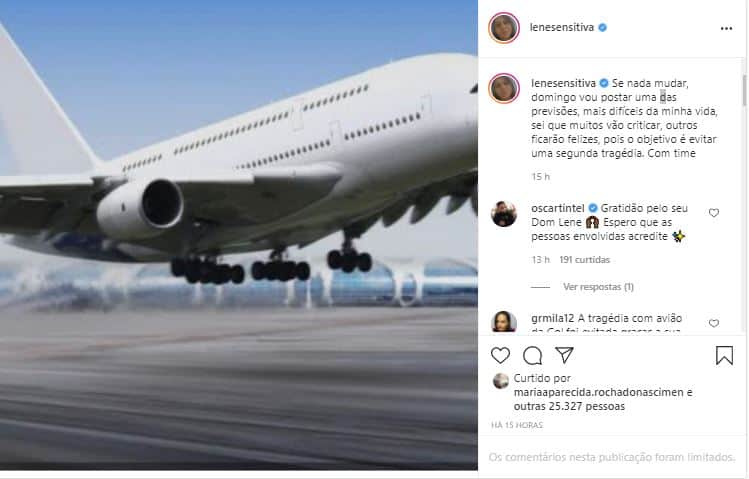 Lene Sensitiva divulgou terrível previsão, após acidente com o time da Chapecoense (Foto: Reprodução/Instagram) Lene Sensitiva divulgou terrível previsão, após acidente com o time da Chapecoense (Foto: Reprodução/Instagram)