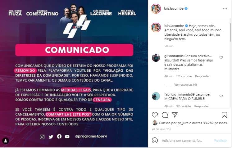 "Programa 4 Por 4", de Luís Ernesto Lacombe", foi derrubado do YouTube (Foto: Reprodução/Instagram) "Programa 4 Por 4", de Luís Ernesto Lacombe", foi derrubado do YouTube (Foto: Reprodução/Instagram)