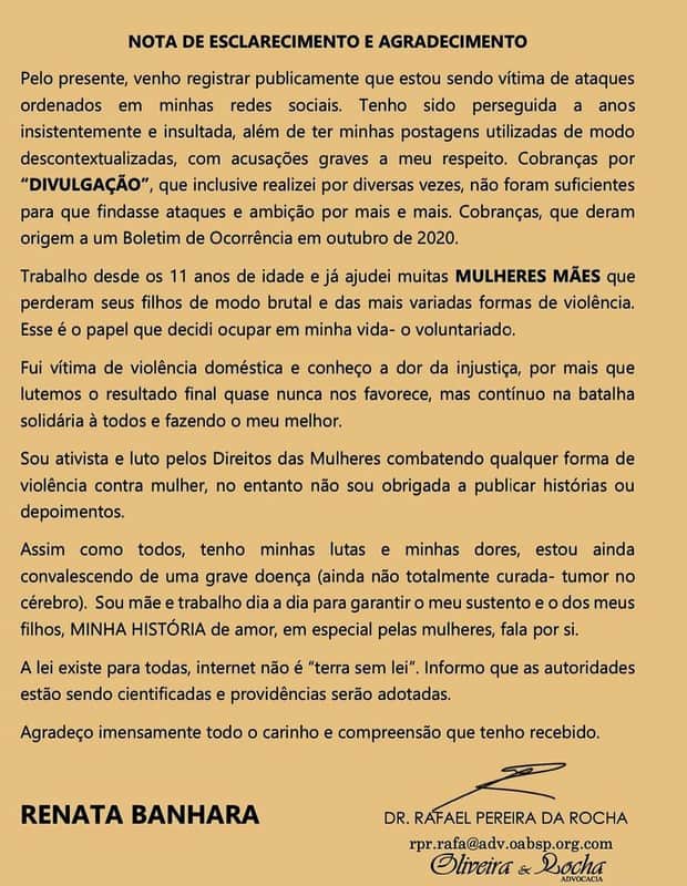 Renata Banhara faz nota de esclarecimento e expõe doença grave (Foto: Reprodução) Renata Banhara faz nota de esclarecimento e expõe doença grave (Foto: Reprodução)