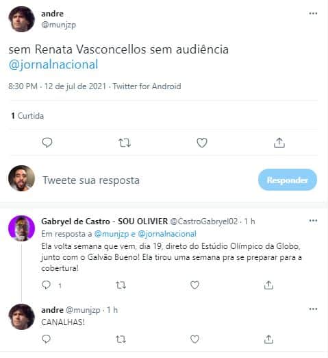 Internauta se 'revoltou' com preparação de Renata Vasconcellos para as Olimpíadas (Foto: Reprodução/Twitter) Internauta se 'revoltou' com preparação de Renata Vasconcellos para as Olimpíadas (Foto: Reprodução/Twitter)