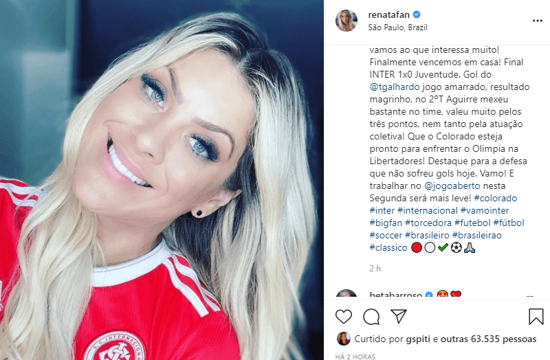 Renata Fan celebrou a vitória do Internacional no Brasileirão (Foto: Reprodução) Renata Fan celebrou a vitória do Internacional no Brasileirão (Foto: Reprodução)