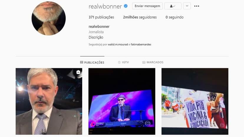 William Bonner não segue ninguém nas redes sociais (Foto: Reprodução/Instagram) William Bonner não segue ninguém nas redes sociais (Foto: Reprodução/Instagram)
