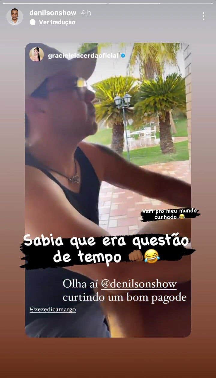 Graciele flagrou Zezé escutando pagode e marcou Denílson (Foto: Reprodução/ Instagram) Graciele flagrou Zezé escutando pagode e marcou Denílson (Foto: Reprodução/ Instagram)