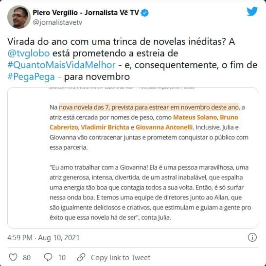 Print onde a Globo confirma a estreia de Quanto Mais Vida Melhor para novembro (Imagem: Reprodução) Print onde a Globo confirma a estreia de Quanto Mais Vida Melhor para novembro (Imagem: Reprodução)