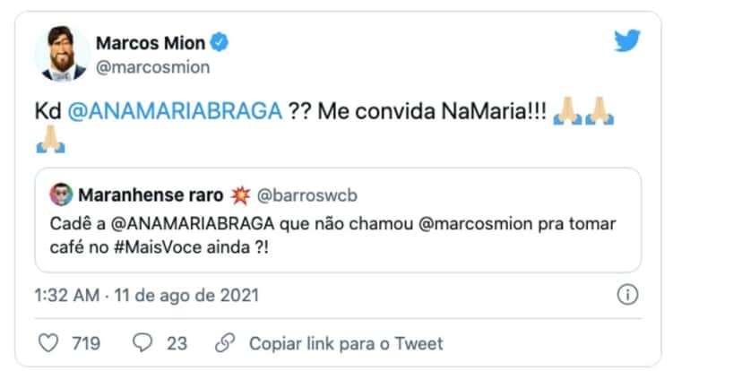 Marcos Mion expõe recado na lapa para Ana Maria (Reprodução) Marcos Mion expõe recado na lapa para Ana Maria (Reprodução)