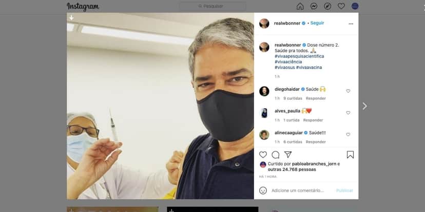 William Bonner toma segunda dose da vacina contra a Covid-19 (Reprodução) William Bonner toma segunda dose da vacina contra a Covid-19 (Reprodução)