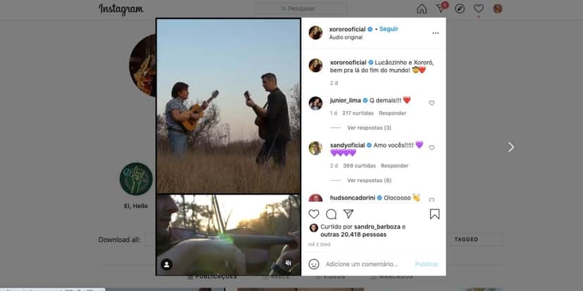 Xororó expõe parceria com Lucas Lima (Reprodução) Xororó expõe parceria com Lucas Lima (Reprodução)