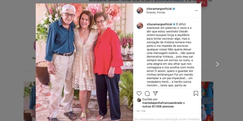 Zilu lamenta morte do pai em suas redes sociais (Reprodução) Zilu lamenta morte do pai em suas redes sociais (Reprodução)