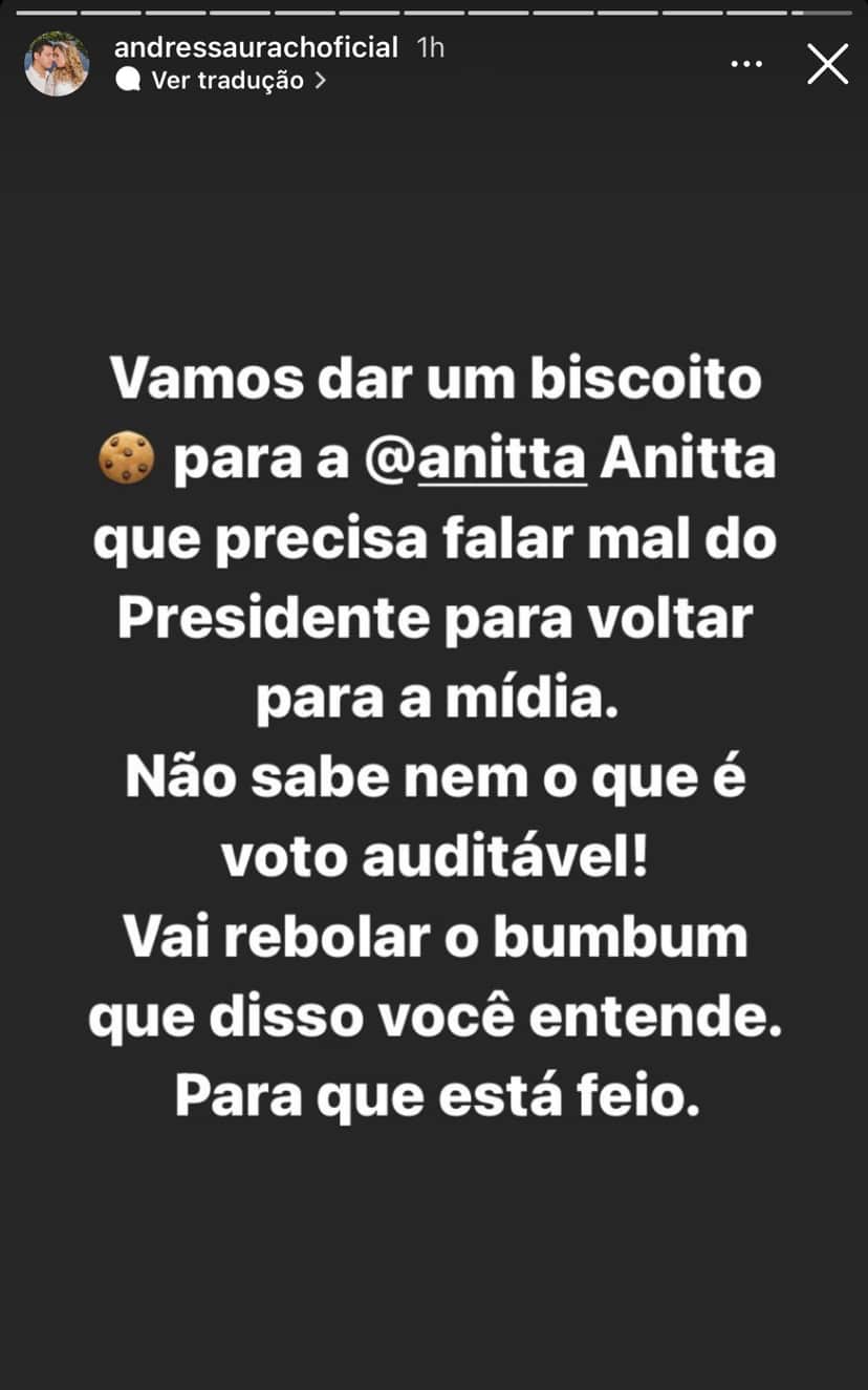 Andressa Urach defende Bolsonaro e ataca Anitta (Foto: Reprodução) Andressa Urach defende Bolsonaro e ataca Anitta (Foto: Reprodução)