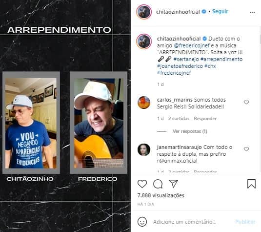 Chitãozinho, da dupla com Xororó, cantou com Frederico, que faz dupla com João Neto (Foto: Reprodução/Instagram) Chitãozinho, da dupla com Xororó, cantou com Frederico, que faz dupla com João Neto (Foto: Reprodução/Instagram)