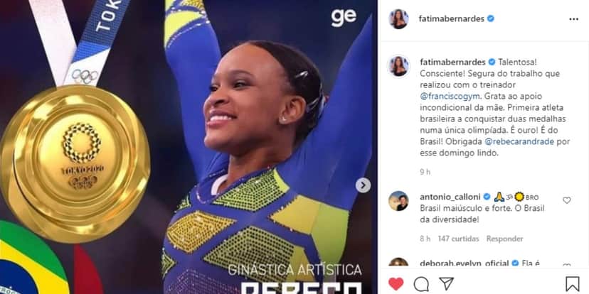 No Instagram, Fátima Bernardes exatou Rebeca Andrade, pelo ouro olímpico (Foto: Reprodução) No Instagram, Fátima Bernardes exatou Rebeca Andrade, pelo ouro olímpico (Foto: Reprodução)