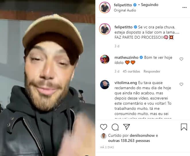 Felipe Titto fez reflexão em suas redes sociais (Foto: Reprodução) Felipe Titto fez reflexão em suas redes sociais (Foto: Reprodução)