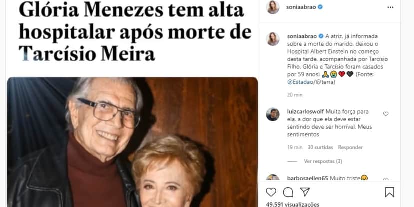 Morte de Tarcísio Meira é escondida de Glória Menezes e familiares fazem reunião para dar pior notícia Morte de Tarcísio Meira é escondida de Glória Menezes e familiares fazem reunião para dar pior notícia