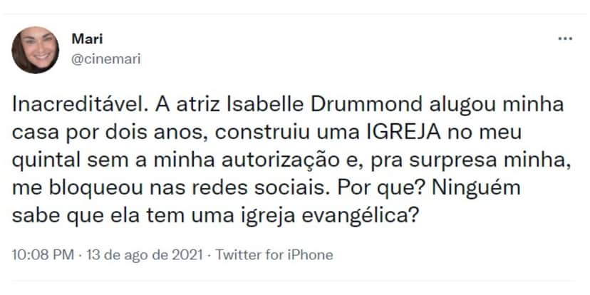 Isabelle Drummond polemizou no Twitter - Foto: Reprodução