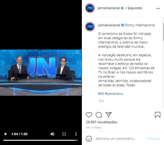 Página do "Jornal Nacional" nas redes sociais reproduziu discurso de William Bonner e Renata Vasconcellos (Foto: Reprodução/Instagram) Página do "Jornal Nacional" nas redes sociais reproduziu discurso de William Bonner e Renata Vasconcellos (Foto: Reprodução/Instagram)