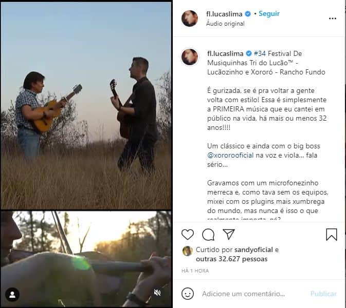 Lucas Lima, marido de Sandy, surgiu cantando com Xororó (Foto: Reprodução) Lucas Lima, marido de Sandy, surgiu cantando com Xororó (Foto: Reprodução)