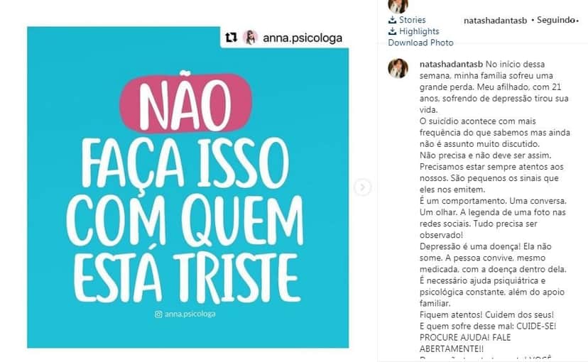 Natasha Dantas, esposa de William Bonner, lamentou morte do afilhado (Foto: Reprodução/Instagram) Natasha Dantas, esposa de William Bonner, lamentou morte do afilhado (Foto: Reprodução/Instagram)