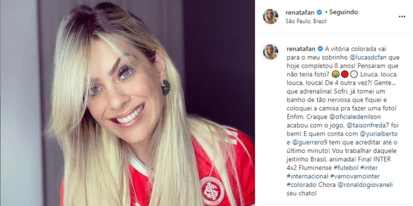 Após vitória do seu time, Renata Fan comemora e alfineta comentarista do Jogo Aberto (Foto: Reprodução) Após vitória do seu time, Renata Fan comemora e alfineta comentarista do Jogo Aberto (Foto: Reprodução)