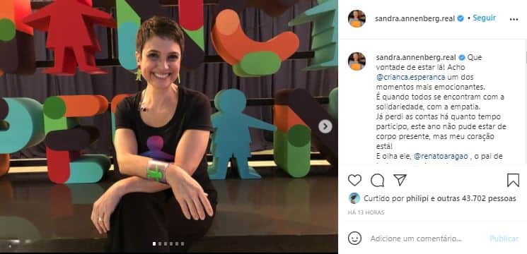 Sandra Annenberg fez postagem sobre o "Criança Esperança", da Globo (Foto: Reprodução/Instagram) Sandra Annenberg fez postagem sobre o "Criança Esperança", da Globo (Foto: Reprodução/Instagram)