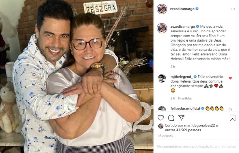 Zezé Di Camargo se declara a mãe, Dona Helena, em textão (Foto: Reprodução) Zezé Di Camargo se declara a mãe, Dona Helena, em textão (Foto: Reprodução)