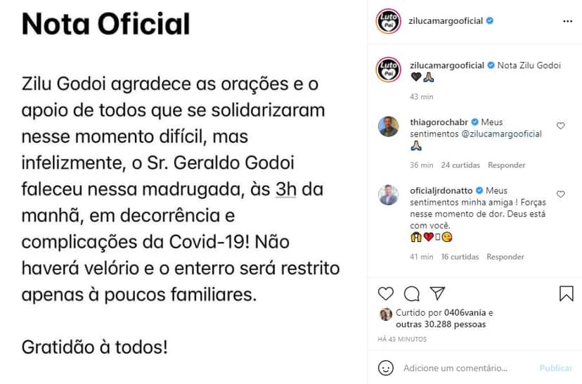 Zilu Godói lamentou a morte do pai (Foto: Reprodução) Zilu Godói lamentou a morte do pai (Foto: Reprodução)