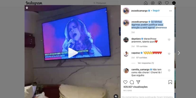 Zezé Di Camargo se emociona com apresentação de Wanessa (Reprodução) Zezé Di Camargo se emociona com apresentação de Wanessa (Reprodução)