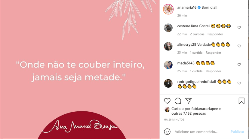 Ana Maria Braga usou as redes sociais para deixar uma reflexão para o público de casa (Foto: Reprodução) Ana Maria Braga usou as redes sociais para deixar uma reflexão para o público de casa (Foto: Reprodução)