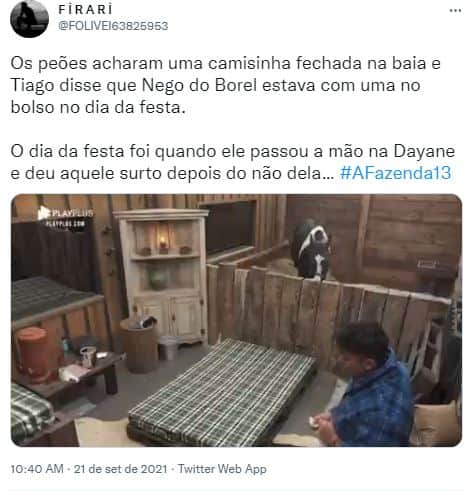 Peões acusaram Nego do Borel de levar camisinha para a baia em "A Fazenda 13" (Foto: Reprodução/Twitter) Peões acusaram Nego do Borel de levar camisinha para a baia em "A Fazenda 13" (Foto: Reprodução/Twitter)