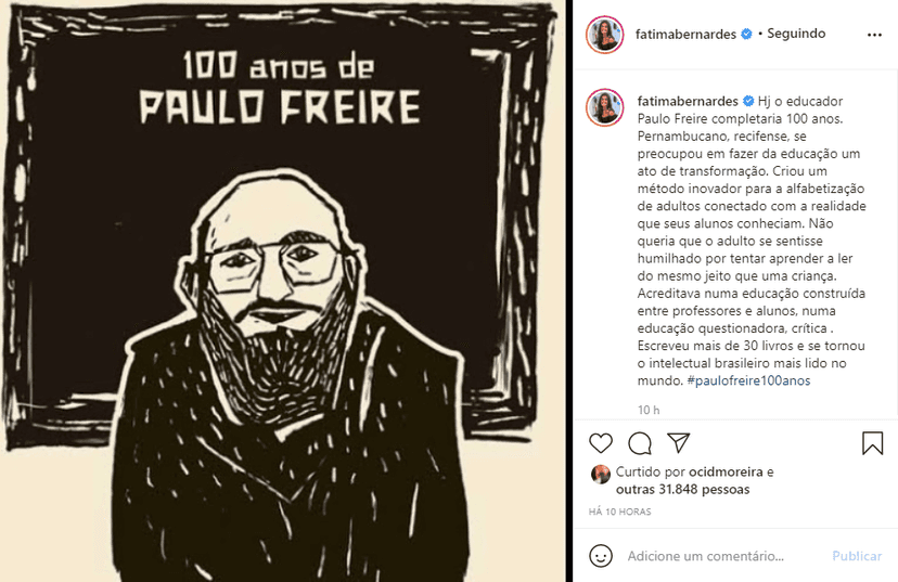 Fátima Bernardes fez homenagem para Paulo Freire (Foto: Reprodução) Fátima Bernardes fez homenagem para Paulo Freire (Foto: Reprodução)