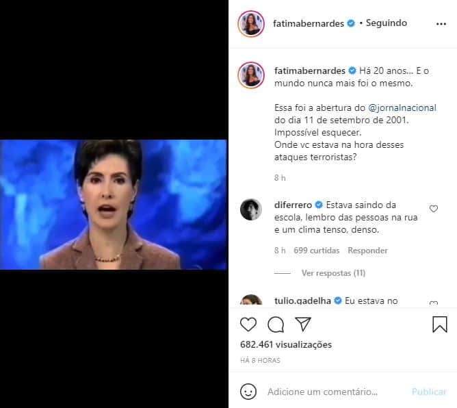 Fátima Bernardes relembrou tragédia de 11 de setembro de 2001 (Foto: Reprodução/ Instagram) Fátima Bernardes relembrou tragédia de 11 de setembro de 2001 (Foto: Reprodução/ Instagram)