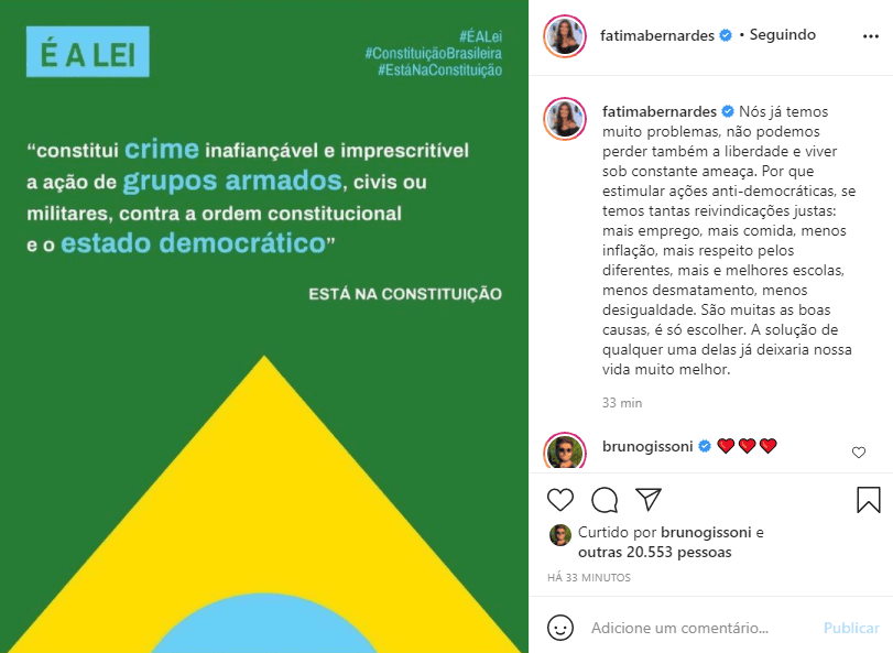 No Instagram, Fátima Bernardes se pronunciou sobre crime contra a constituição (Foto: Reprodução) No Instagram, Fátima Bernardes se pronunciou sobre crime contra a constituição (Foto: Reprodução)