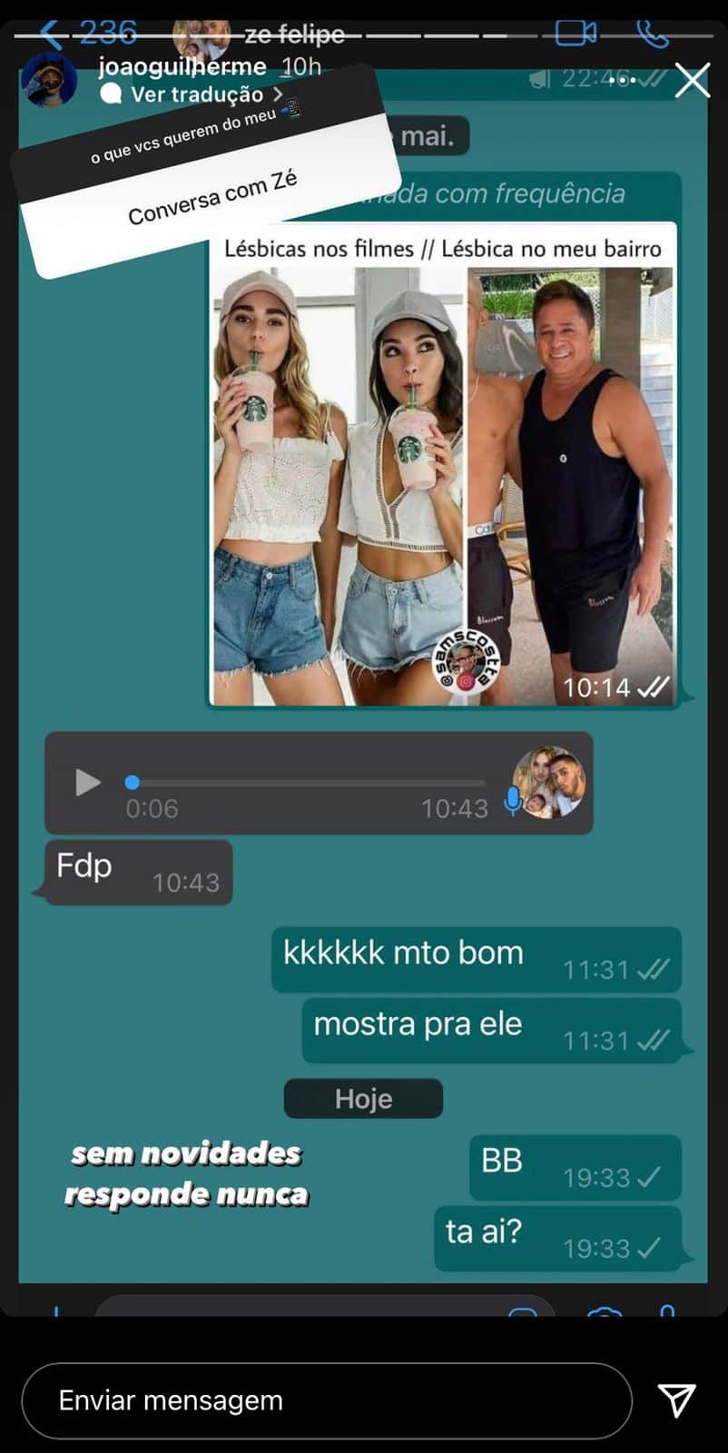 "Sem novidades", João Guilherme vaza conversa com Zé Felipe e denuncia desprezo do irmão: "Nunca responde" "Sem novidades", João Guilherme vaza conversa com Zé Felipe e denuncia desprezo do irmão: "Nunca responde"