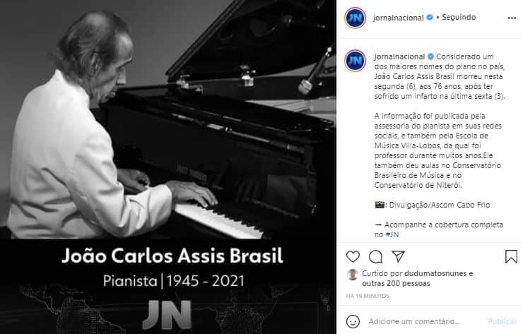 João Carlos Assis Brasil teve morte anunciada no perfil do "Jornal Nacional" (Foto: Reprodução/Instagram) João Carlos Assis Brasil teve morte anunciada no perfil do "Jornal Nacional" (Foto: Reprodução/Instagram)
