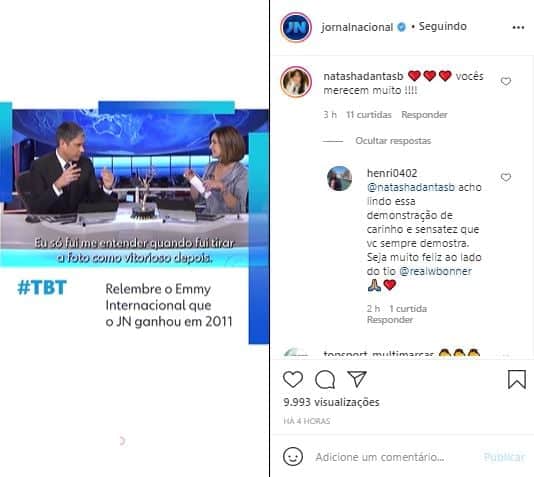 Natasha Dantas comentou em vídeo de William Bonner com Fátima Bernardes (Foto: Reprodução/Instagram) Natasha Dantas comentou em vídeo de William Bonner com Fátima Bernardes (Foto: Reprodução/Instagram)