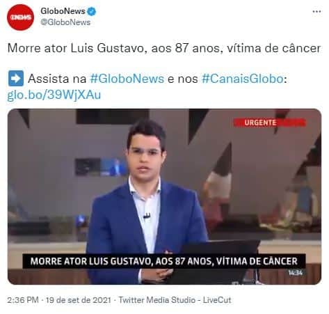 A morte de Luís Gustavo foi anunciada na GloboNews (Foto: Reprodução/Twitter)
