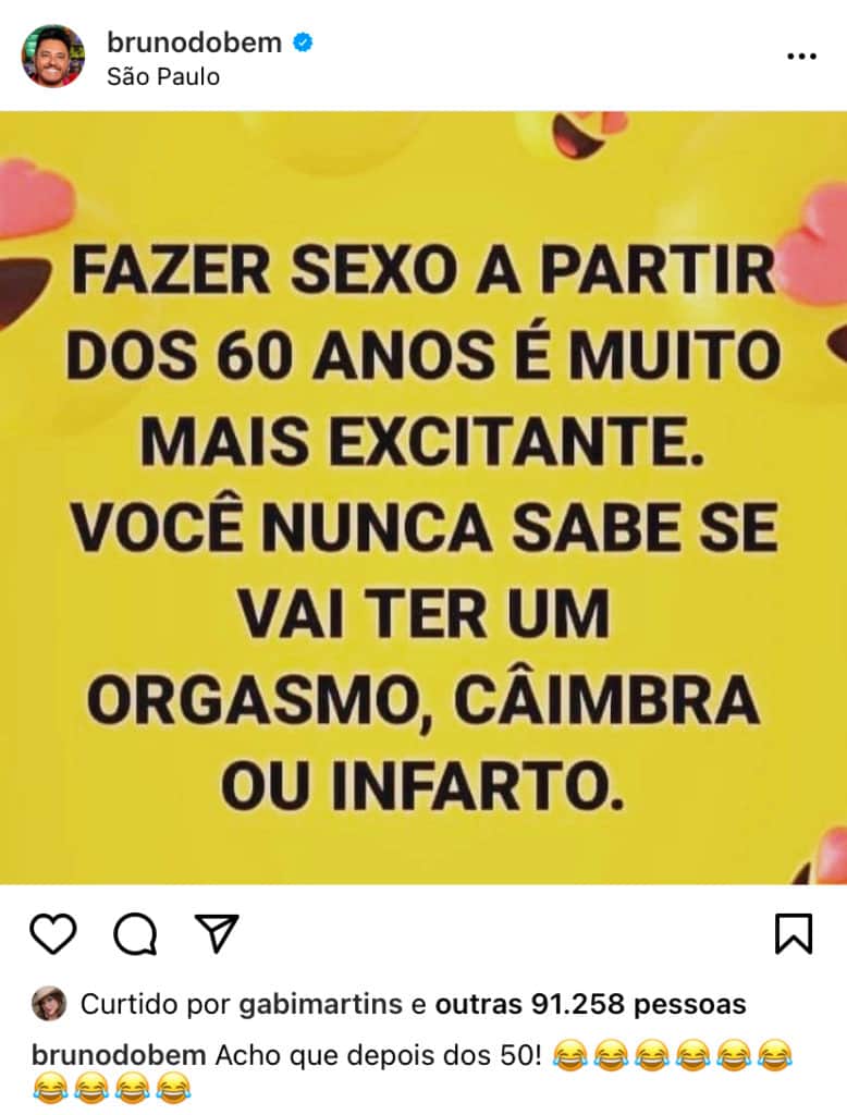Bruno, da dupla com Marrone, expõe infarto durante sexo e revela fetiche: "A partir dos 60 anos" Bruno, da dupla com Marrone, expõe infarto durante sexo e revela fetiche: "A partir dos 60 anos"