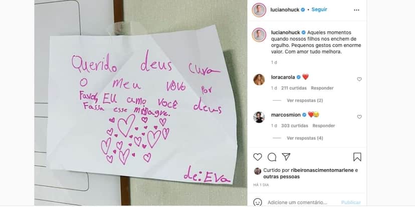 Luciano Huck expõe recado de Eva, fruto de seu relacionamento com Angélica, sobre sogro (Reprodução) Luciano Huck expõe recado de Eva, fruto de seu relacionamento com Angélica, sobre sogro (Reprodução)