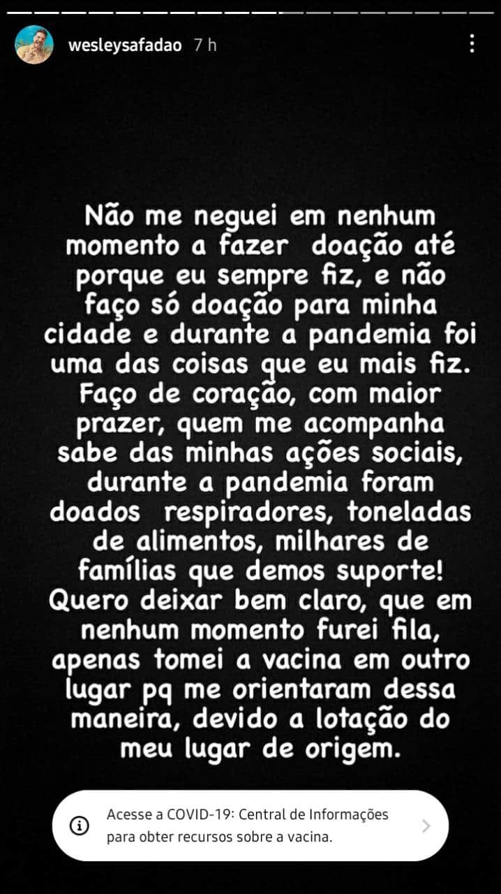 Segunda parte dos stories de Wesley Safadão (Foto: Reprodução/ Instagram) Segunda parte dos stories de Wesley Safadão (Foto: Reprodução/ Instagram)